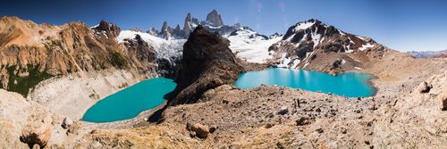 Argentina Travel Landscape Photography Lago de los Tres and Lago de los Tres Glaciar right Lago Sucta and Glaciar Rio Blanco left Mount Fitz Roy behind El Chalten Patagonia Argentina South America