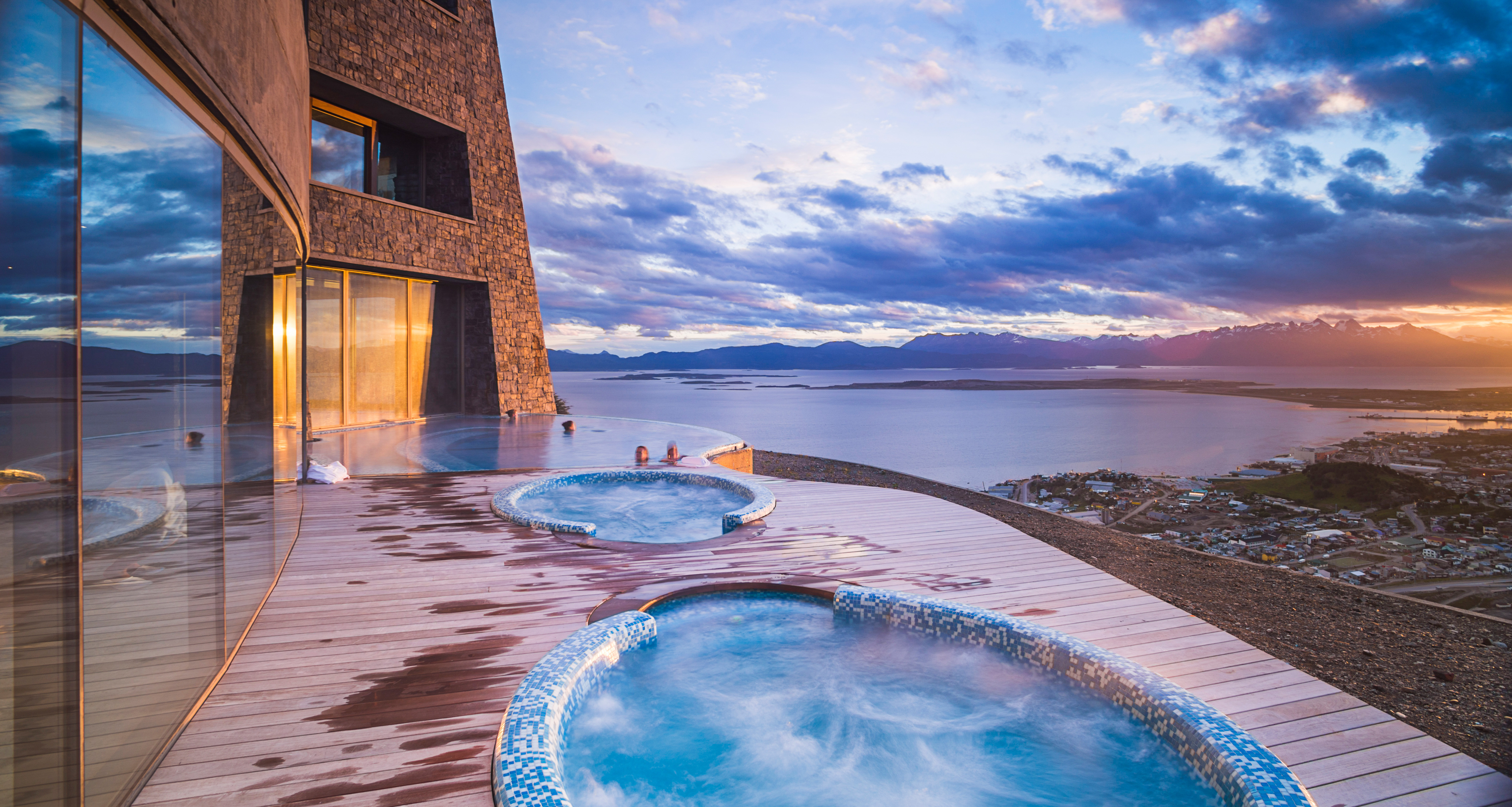 Argentina Travel Landscape Photography Outdoor swimming pool and jacuzzi at sunset Hotel Arakur Ushuaia Resort and Spa Ushuaia Tierra del Fuego Patagonia Argentina South America