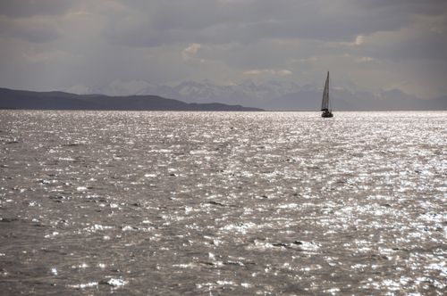 Argentina Travel Landscape Photography Sailing boat in the Beagle Channel at Ushuaia Tierra Del Fuego Patagonia Argentina South America background with copy space