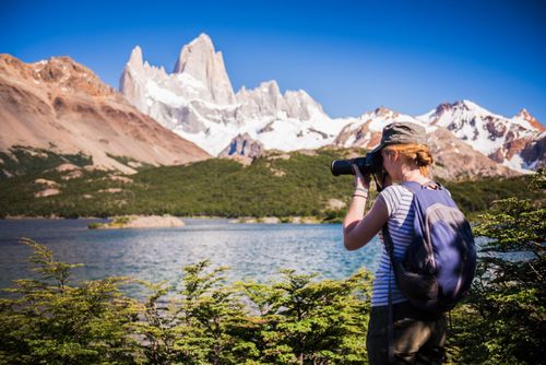 Argentina Travel Landscape Photography Taking a photo at Lago Capri Capri Lake with Mount Fitz Roy aka Cerro Chalten behind El Chalten Patagonia Argentina South America
