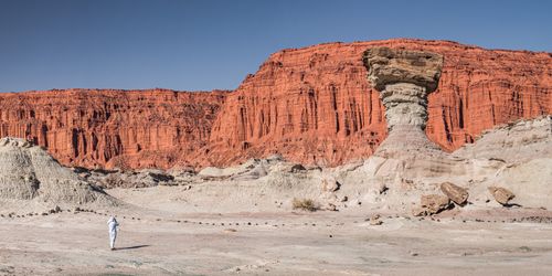 Argentina Travel Landscape Photography Tourist at The Mushroom rock formation by Los Coloradas red rock wall Valley of the Moon Valle de la Luna Ischigualasto Provincial Park Argentina South America