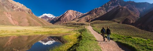 Argentina Travel Landscape Photography Trekking in Aconcagua Provincial Park in front of the 6961m peak which makes Aconcagua the highest mountain in the Andes Mountain Range Mendoza Province Argentina South America