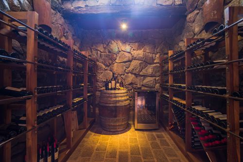 Argentina Travel Landscape Photography Wine cellar with a wine collection including expensive bottles of wine and wine barrel Mendoza Province Argentina South America