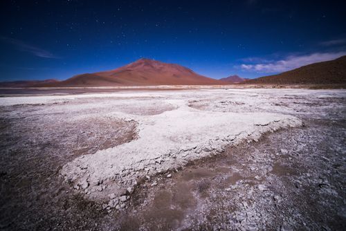 Bolivia Travel Landscape Photography Stars over Chalviri Salt Flats at night aka Salar de Chalviri Altiplano of Bolivia in Eduardo Avaroa National Reserve of Andean Fauna South America