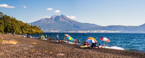 Chile Travel Landscape Photography Calbuco Volcano seen from a beach on Llanquihue Lake Chilean Lake District Chile South America