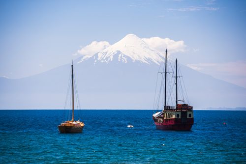Chile Travel Landscape Photography Capitan Haase Traditional Sailing Ship on Llanquihue Lake with Osorno Volcano behind Puerto Varas Chile Lake District South America