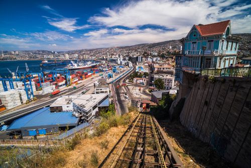 Chile Travel Landscape Photography Funicular train 21 de Mayo May 21st and Valparaiso Port on Artillery Hill Valparaiso Province Chile South America