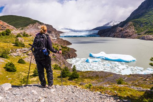 Chile Travel Landscape Photography Hiker at Grey Glacier Glaciar Grey Torres del Paine National Park Patagonia Chile South America