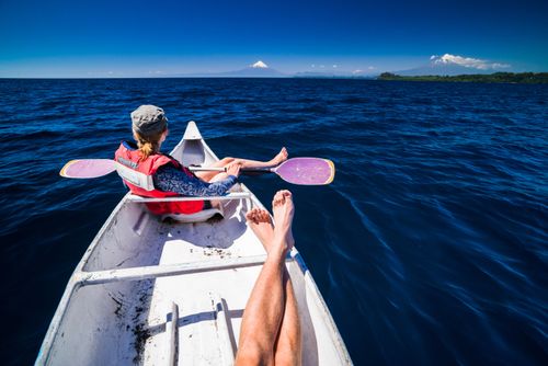 Chile Travel Landscape Photography Kayaking on Llanquihue Lake with Osorno Volcano behind Puerto Varas Chile Lake District South America
