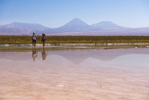 Chile Travel Landscape Photography Laguna Cejar aka floating salt lake lagoon with Licancabur Volcano and Juriques Volcano behind Atacama Desert North Chile South America 2
