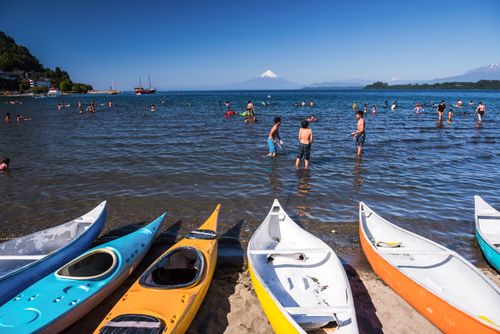 Chile Travel Landscape Photography Puerto Varas Beach on Llanquihue Lake with Osorno Volcano behind Puerto Varas Chile Lake District South America