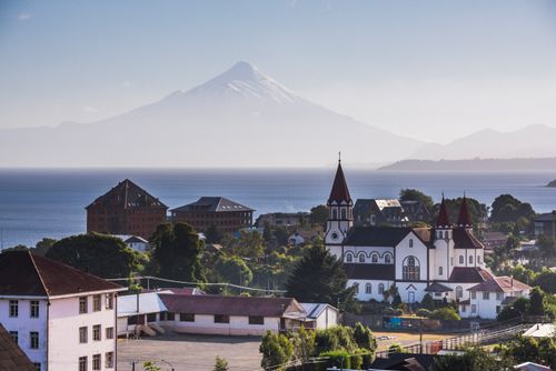 Chile Travel Landscape Photography Sacred Heart of Jesus Catholic Church Iglesia Sagrado Corazon de Jesus with Llanquihue Lake and Osorno Volcano behind Puerto Varas Chile Lake District South America