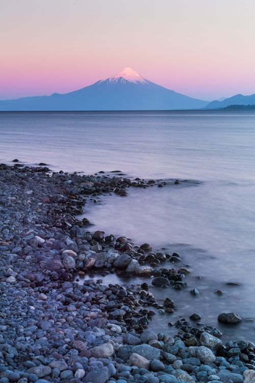 Chile Travel Landscape Photography Sunset at Puerto Varas showing Osorno Volcano and Llanquihue Lake Chile Lake District South America