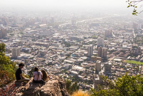 Chile Travel Landscape Photography Tourists enjoying views over Santiago from San Cristobal Hill Cerro San Cristobal Barrio Bellavista Bellavista Neighborhood Santiago Chile South America