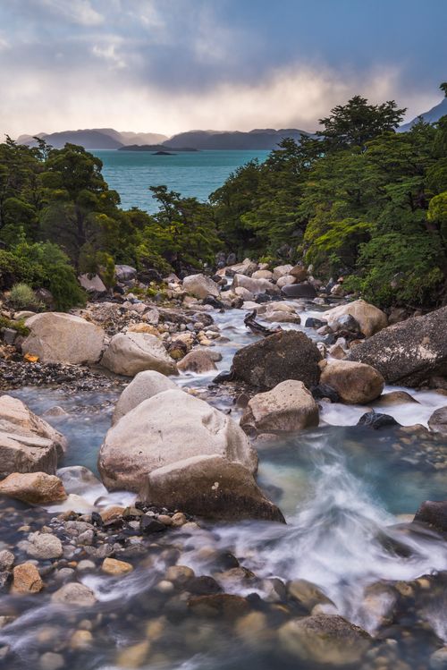 Chile Travel Landscape Photography Typical Patagonia landscape at Sunset at Nordenskjold Lake Lago Nordenskjold Torres del Paine National Park Patagonia Chile South America