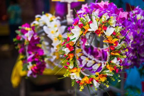 Cook Islands Landscape Travel Photography Lei necklace of flowers for sale at Rarotonga Saturday Market Punanga Nui Market Avarua Town Cook Islands