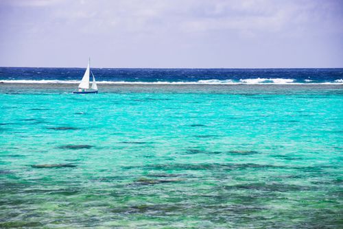 Cook Islands Landscape Travel Photography Sailing holiday on summer vacation to the tropical island of Rarotonga in the perfect crystal clear blue water of Muri Lagoon Pacific Ocean background with copy space