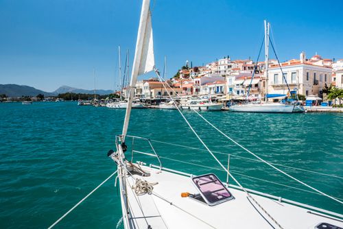Greece Travel Photography Sailing boats in Poros Island port Saronic Island Aegean Coast Greece