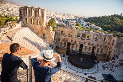 Greece Travel Photography Tourists at Odeon of Herodes Atticus Theatre by the Acropolis Athens Attica Region Greece