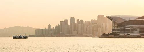 Hong Kong Travel Photography Star Ferry in front of Hong Kong Island at sunset Hong Kong China