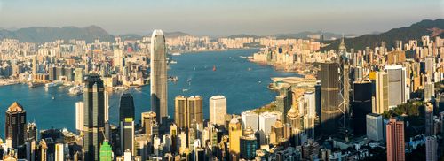 Hong Kong Travel Photography View over Victoria Harbour at sunset seen from Victoria Peak Hong Kong Island Hong Kong China 2