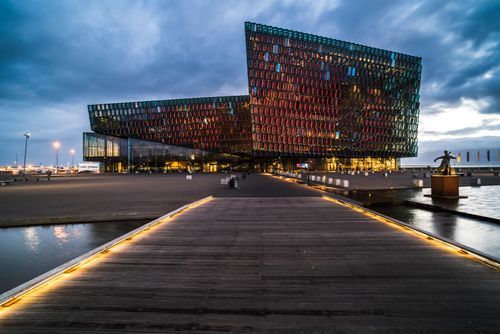 Iceland Travel Photography Harpa Concert Hall and Conference Centre at night Reykjavik Iceland