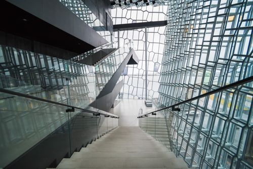 Iceland Travel Photography Modern architecture of glass building at Harpa Concert Hall and Conference Centre Reykjavik Iceland Europe