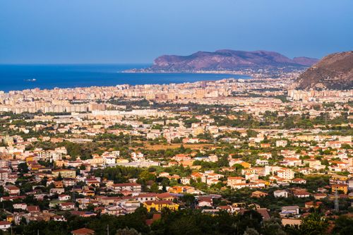 Italy Sicily Travel Photography Cityscape of Palermo Palermu and the Mediterranean Coast of Sicily seen from Monreale Italy Europe