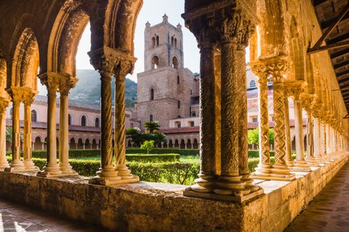 Italy Sicily Travel Photography Duomo di Monreale at sunset Monreale Cathedral courtyard gardens Monreale near Palermo Sicily Italy Europe