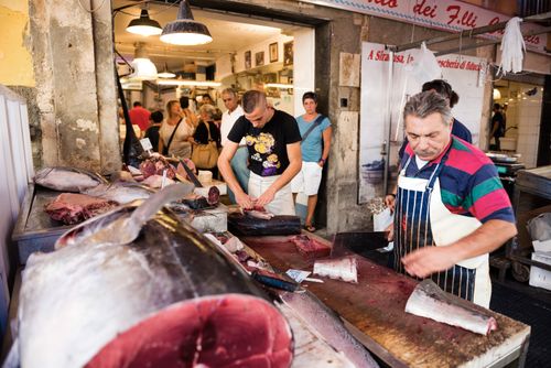 Italy Sicily Travel Photography Fishmonger at Ortigia Market Syracuse Siracusa Sicily Italy Europe