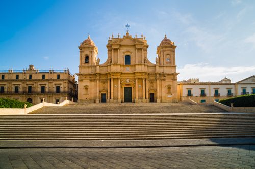 Italy Sicily Travel Photography Noto St Nicholas Cathedral Cattedrale di Noto Duomo at the top on an enormous set of Baroque steps Piazza Municipio Noto Sicily Italy Europe