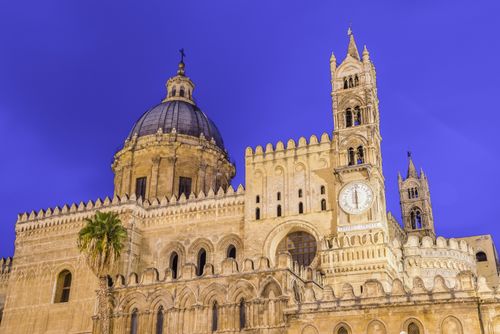Italy Sicily Travel Photography Palermo at night the dome and clock tower of Palermo Cathedral Duomo di Palermo Sicily Italy Europe