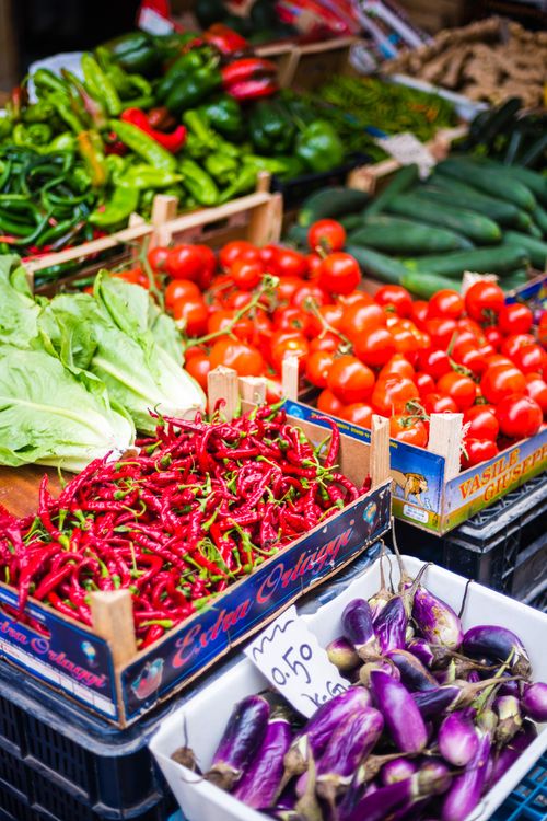 Italy Sicily Travel Photography Palermo chillies and tomatoes for sale at Capo Market a fruit vegetable and general food market in Palermo Sicily Italy Europe
