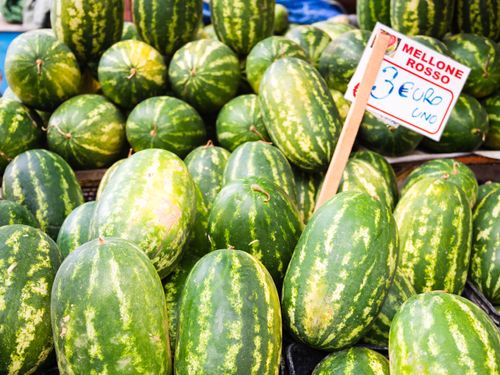 Italy Sicily Travel Photography Palermo watermelons for sale at Capo Market a fruit vegetable and general food market in Palermo Sicily Italy Europe
