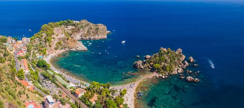 Italy Sicily Travel Photography Panoramic photo of Isola Bella Island and Isola Bella Beach Taormina Sicily Italy Europe