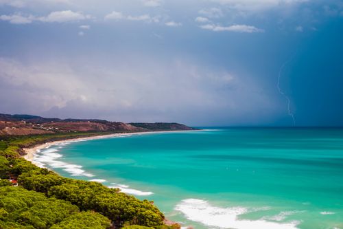 Italy Sicily Travel Photography Thunder and lightning storm over Capo Bianco Beach and the Mediterranean Sea in the Province of Agrigento Sicily Italy Europe