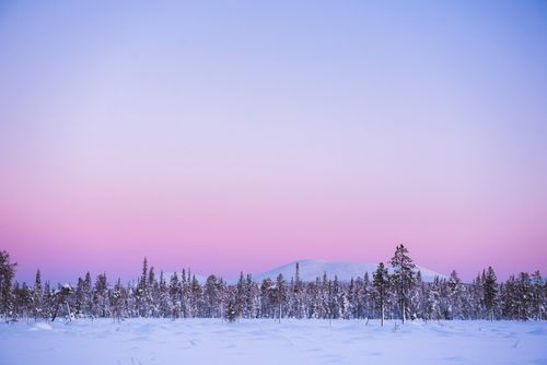 Lapland Finland Landscape Photography Frozen snow covered lake in the winter landscape in Lapland at sunset inside the Arctic Circle in Finland