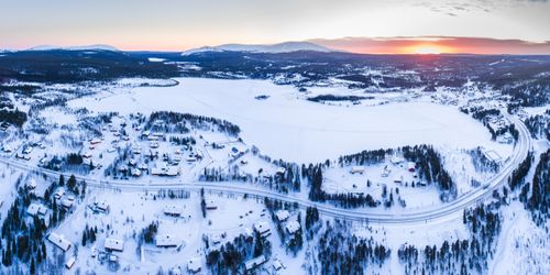 Lapland Finland Travel Photography Aerial photo of Akaslompolo town inside the Arctic Circle in Finnish Lapland Finland drone