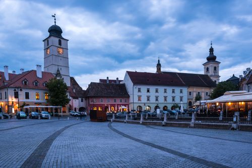 Romania Architecture Travel Photography Council Tower of Sibiu in Market Square Piata Mica at night Sibiu Transylvania Romania
