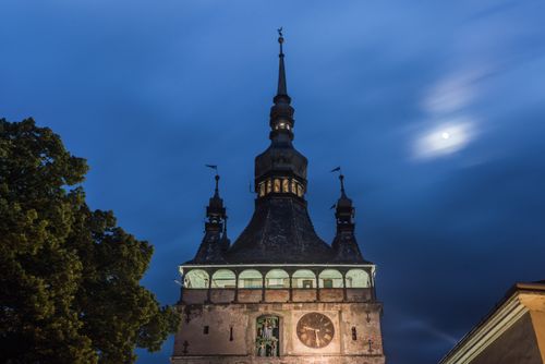 Romania Architecture Travel Photography Sighisoara Clock Tower at night in the historic centre of Sighisoara a 12th century Saxon town Transylvania Romania 3