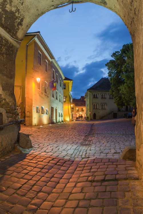 Romania Architecture Travel Photography Sighisoara at night in the historic centre of the 12th century Saxon town Transylvania Romania