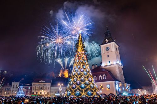 Romania Travel Photography Fireworks over Brasov main square on New Years Eve Brasov County Romania
