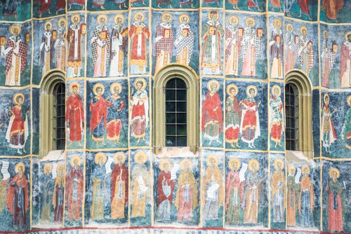 Romania Travel Photography Painted murals at Sucevita Monastery a gothic church listed in the UNESCO painted churches of northern Moldavia Bukovina Romania