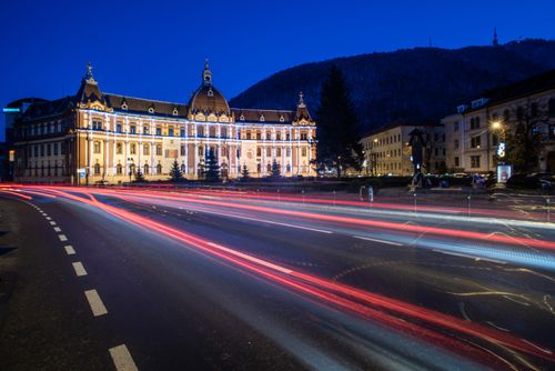 Romania Travel Photography Town Hall in Brasov at night Brasov County Romania