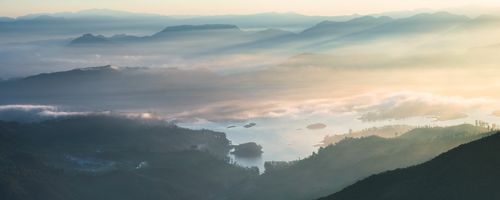 Sri Lanka Landscape Photography Adams Peak Sri Pada view at sunrise mountains and the Maussakele Reservoir Sri Lanka Central Highlands Asia