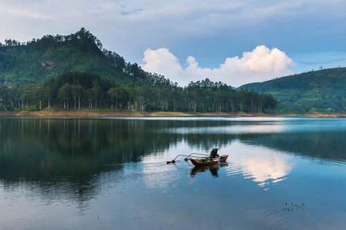 Sri Lanka Travel Photography Fisherman in his fishing boat at Maussakele Reservoir between Dalhousie and Hatton in the Nuwara Eliya District of the Sri Lanka Central Highlands Sri Lanka Asia