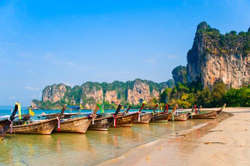 Thailand Beach Seascape Travel Landscape Photography Long Tail Boats on Phi Phi Island South Thailand Southeast Asia