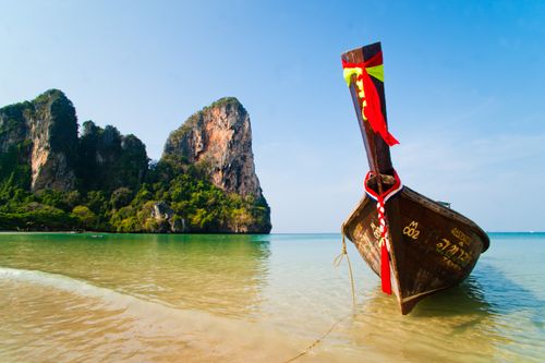 Thailand Beach Travel Landscape Photography Long Tail Boat on Koh Phi Phi South Thailand Southeast Asia