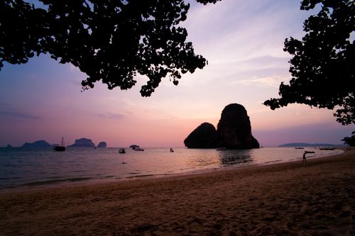 Thailand Beach Travel Photography Beautiful Colourful Purple Tropical Sunset at Ao Phra Nang Beach Railay Rai Leh South Thailand Southeast Asia