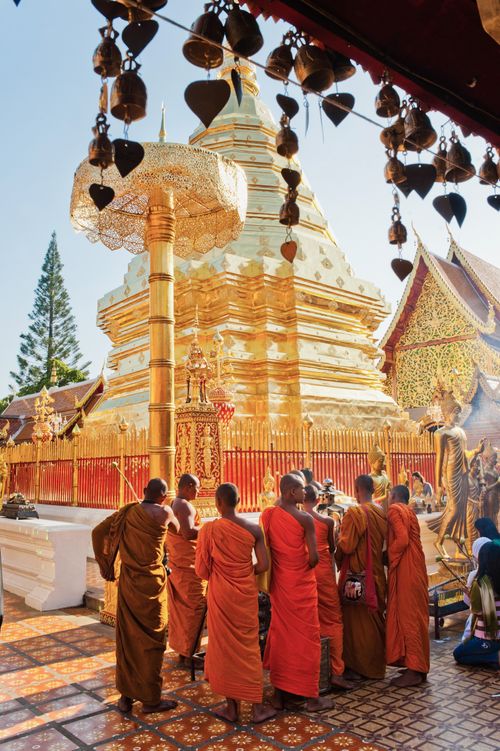 Thailand Documentary Travel Photography Group of Buddhist Monks praying at Wat Doi Suthep Temple Chiang Mai Thailand Southeast Asia Asia Southeast Asia